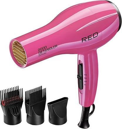 RED by KISS 2000 Ceramic Hair Dryer, Professional Salon Blow Dryer, 2 Detangler Pik Attachments, Tourmaline Technology, 3 Heat Settings, Easy Storage Loop (Pink)