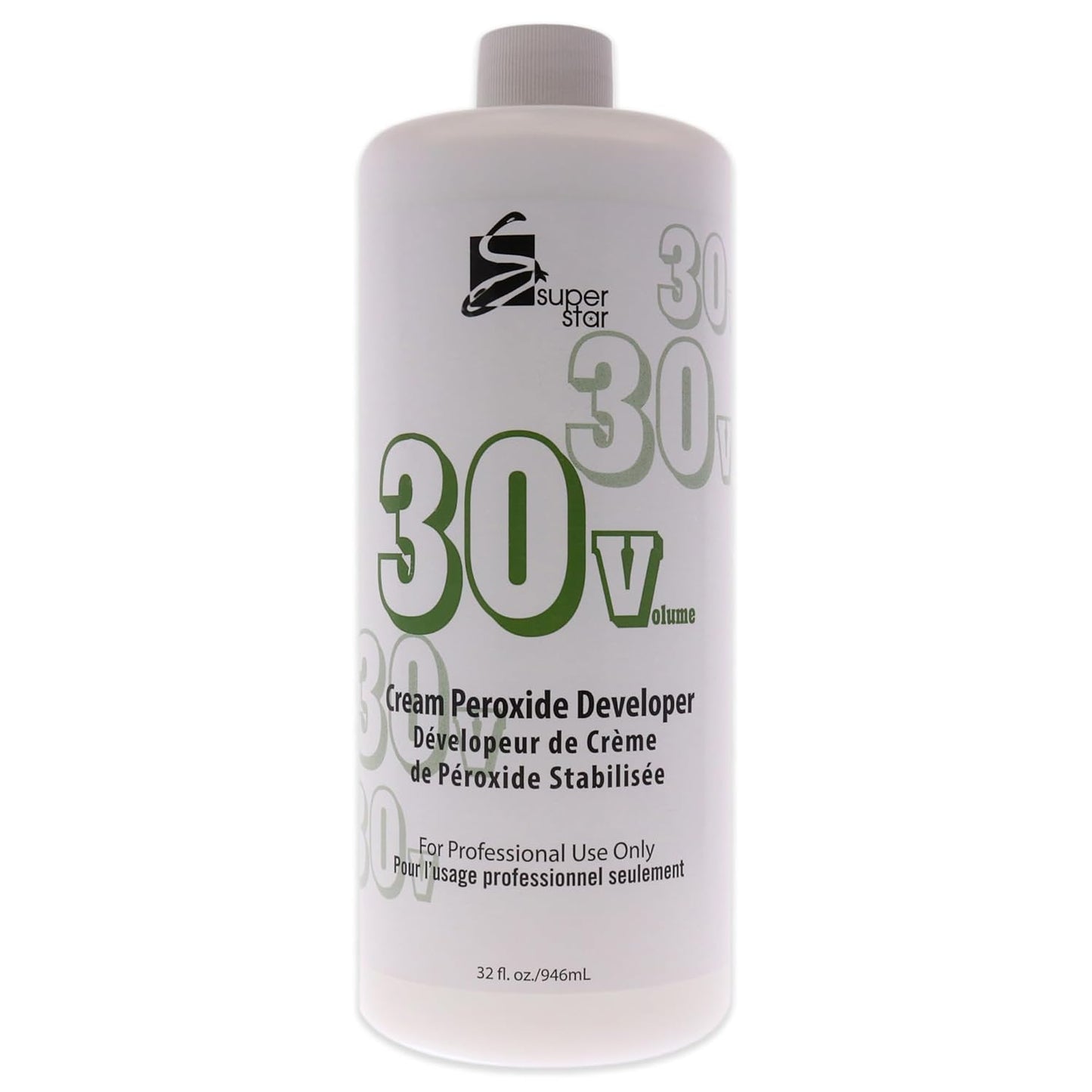 Large white plastic bottle of Super Star Stabilized Cream Peroxide Developer 30 Volume with prominent green "30V" text.