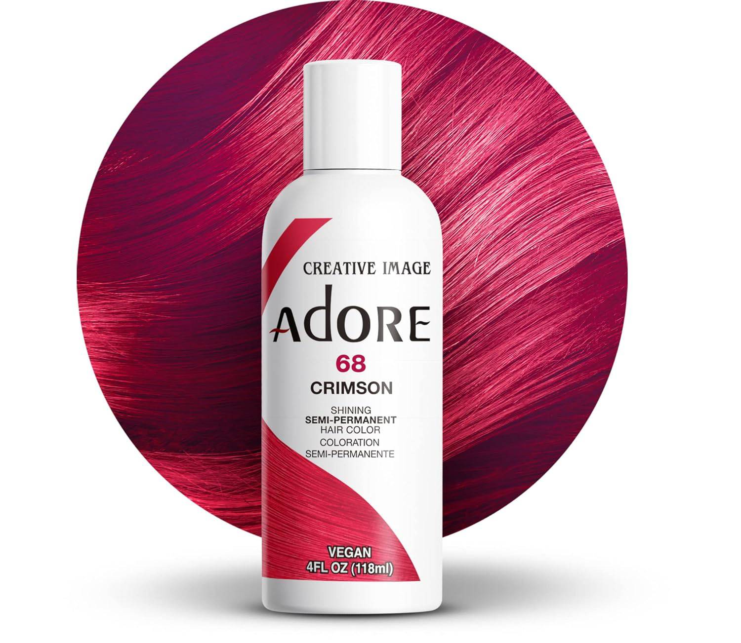 Creative Image Adore #068 Crimson hair dye bottle shown with a circular vibrant crimson hair color swatch.