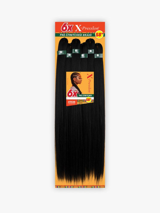 X-Pression Pre-Stretched Braid 58" 6X packaging. Six bundles of long, straight black hair on an orange background with a b...