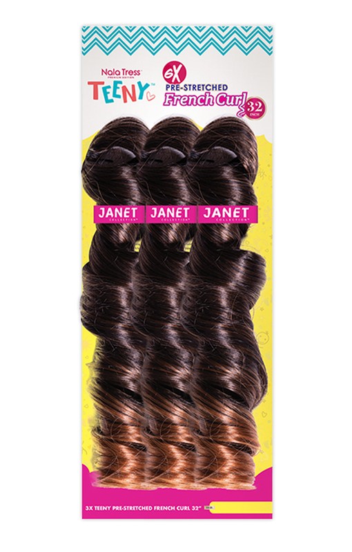 Nala Tress TEENY Pre-Stretched French Curl 32” hair packaging shows three bundles of dark brown to auburn ombre curls.