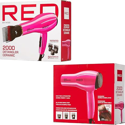 RED by KISS 2000 Ceramic Hair Dryer, Professional Salon Blow Dryer, 2 Detangler Pik Attachments, Tourmaline Technology, 3 Heat Settings, Easy Storage Loop (Pink)