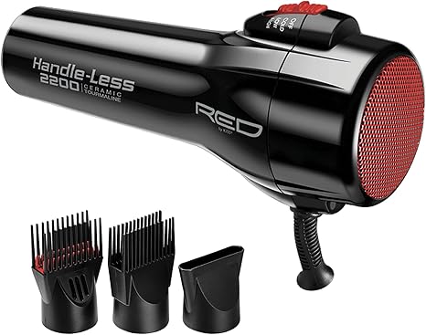 RED by Kiss Handle-Less 2200W Ceramic Tourmaline Hair Dryer, 3 Heat Settings, Pro Blow Dryer with Comb Attachment, Ionic for Frizz-Free Shine, Detangler & Straightening for 4C