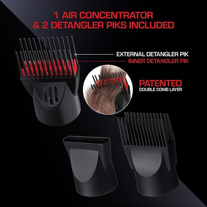RED PRO 3200 Turbo Pro Detangler AC Hair Dryer, 3 Heat/2 Speed Settings, Cool Shot Button, Powerful Airflow, 3 Additional Styling Attachments with Detangling Pik -  Carbon Fiber
