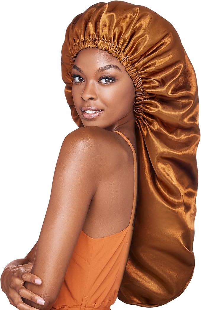 Woman wearing a bronze satin bonnet on a white background
