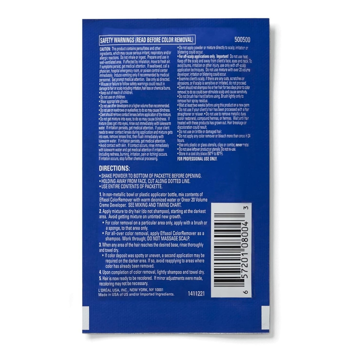 Packaging for L'Oreal Effasol Color Remover. Blue packet's back shows warnings, directions, and a barcode.