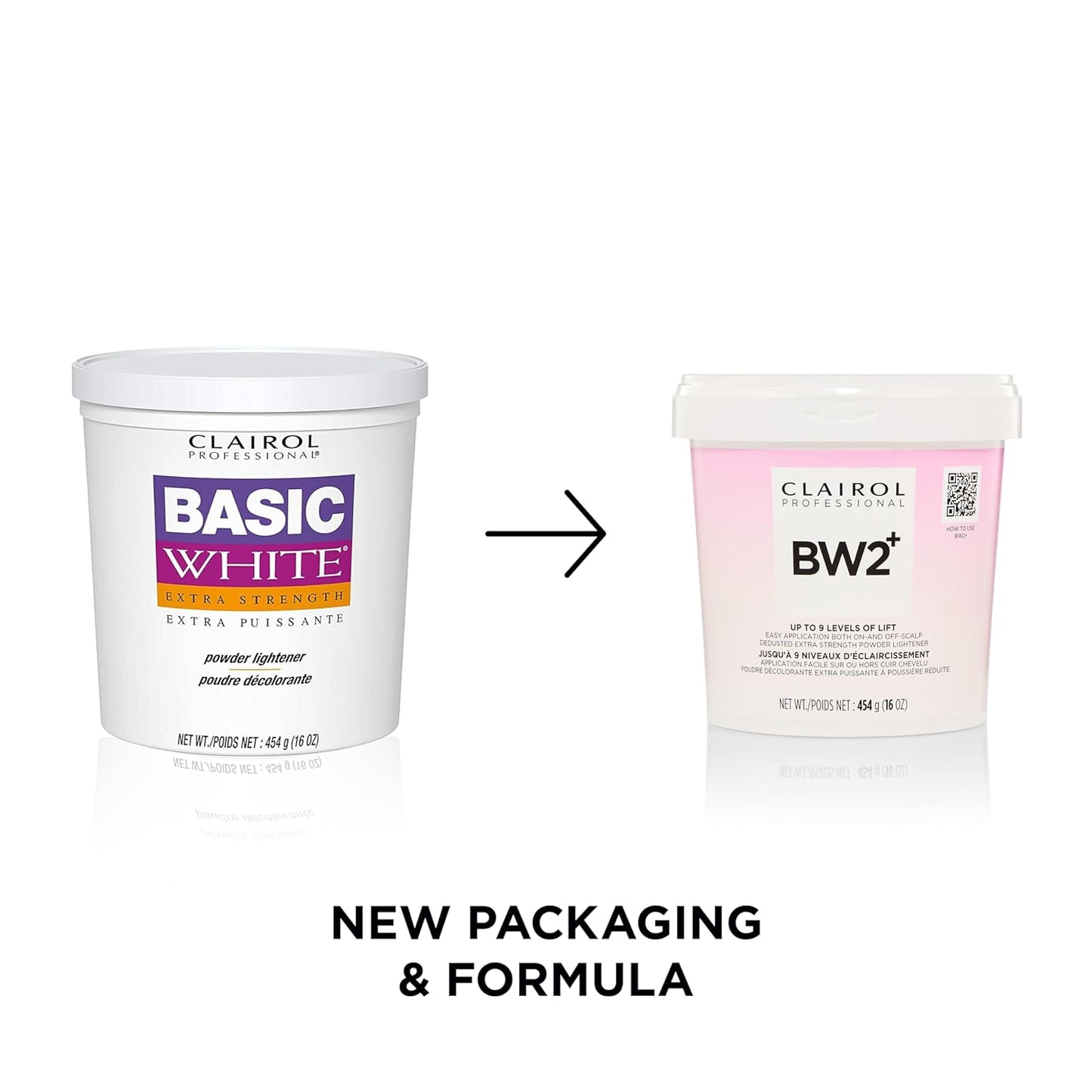 New Clairol Professional BW2+ Dedusted Extra Strength Powder Lightener 16 oz tub with pink and white packaging.