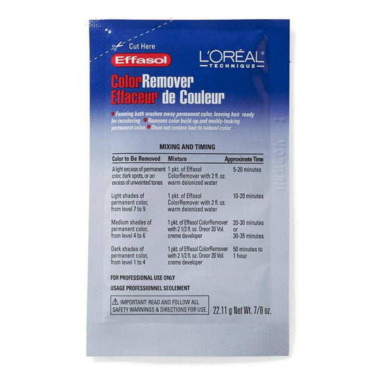 L'Oreal Effasol Color Remover 7/8 oz packet, blue top, white bottom, with instructions and brand logo.