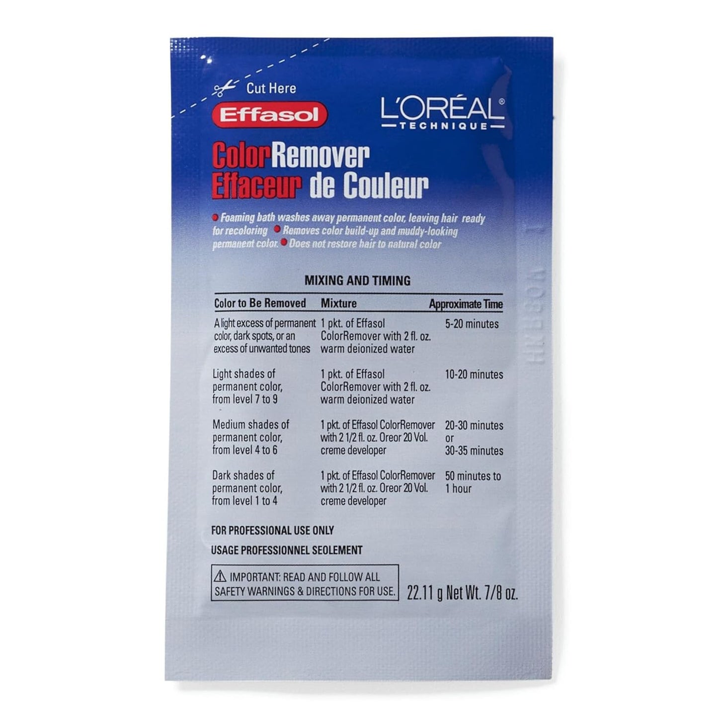L'Oreal Effasol Color Remover packet. Blue and white packaging shows product name, 'Cut Here' dashed line, and usage instr...