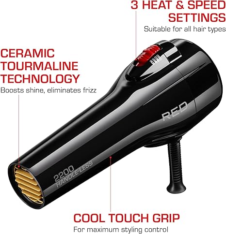 RED by Kiss Handle-Less 2200W Ceramic Tourmaline Hair Dryer, 3 Heat Settings, Pro Blow Dryer with Comb Attachment, Ionic for Frizz-Free Shine, Detangler & Straightening for 4C