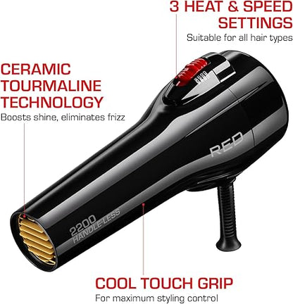 RED by Kiss Handle-Less 2200W Ceramic Tourmaline Hair Dryer, 3 Heat Settings, Pro Blow Dryer with Comb Attachment, Ionic for Frizz-Free Shine, Detangler & Straightening for 4C