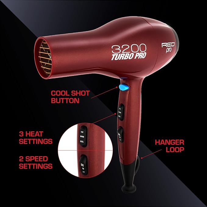 RED PRO 3200 Turbo Pro Detangler AC Hair Dryer, 3 Heat/2 Speed Settings, Cool Shot Button, Powerful Airflow, 3 Additional Styling Attachments with Detangling Pik -  Carbon Fiber