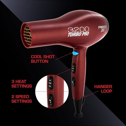 RED PRO 3200 Turbo Pro Detangler AC Hair Dryer, 3 Heat/2 Speed Settings, Cool Shot Button, Powerful Airflow, 3 Additional Styling Attachments with Detangling Pik -  Carbon Fiber
