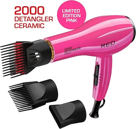 RED by KISS 2000 Ceramic Hair Dryer, Professional Salon Blow Dryer, 2 Detangler Pik Attachments, Tourmaline Technology, 3 Heat Settings, Easy Storage Loop (Pink)