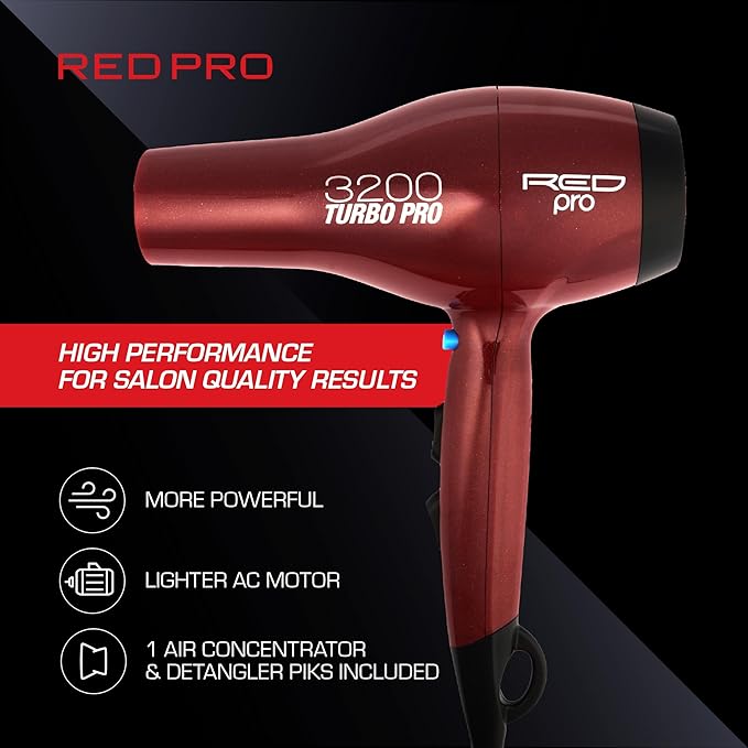 RED PRO 3200 Turbo Pro Detangler AC Hair Dryer, 3 Heat/2 Speed Settings, Cool Shot Button, Powerful Airflow, 3 Additional Styling Attachments with Detangling Pik -  Carbon Fiber