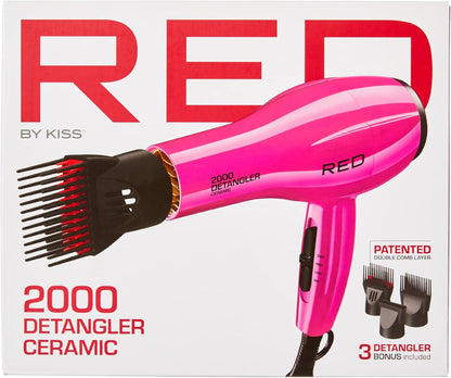 RED by KISS 2000 Ceramic Hair Dryer, Professional Salon Blow Dryer, 2 Detangler Pik Attachments, Tourmaline Technology, 3 Heat Settings, Easy Storage Loop (Pink)