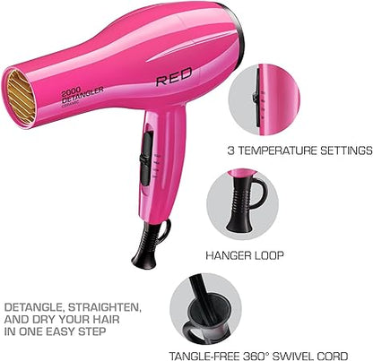 RED by KISS 2000 Ceramic Hair Dryer, Professional Salon Blow Dryer, 2 Detangler Pik Attachments, Tourmaline Technology, 3 Heat Settings, Easy Storage Loop (Pink)