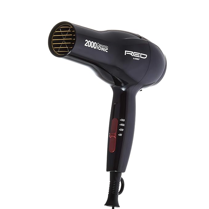 RED by Kiss Hair Dryer Ionic Hair Blow Dryer - Ceramic Technology, Anti-Frizz, 3 Heat Settings, Lightweight, 2 Detangler Piks