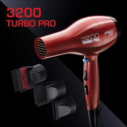 RED PRO 3200 Turbo Pro Detangler AC Hair Dryer, 3 Heat/2 Speed Settings, Cool Shot Button, Powerful Airflow, 3 Additional Styling Attachments with Detangling Pik -  Carbon Fiber