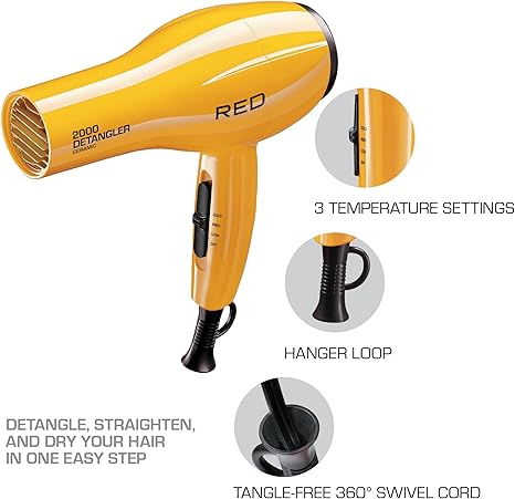 RED by KISS 2000 Ceramic Hair Dryer, Professional Salon Blow Dryer 3 Attachments Included, 2 Detangler Piks, 1 Air Concentrator (Yellow)