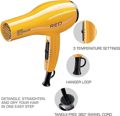 RED by KISS 2000 Ceramic Hair Dryer, Professional Salon Blow Dryer 3 Attachments Included, 2 Detangler Piks, 1 Air Concentrator (Yellow)