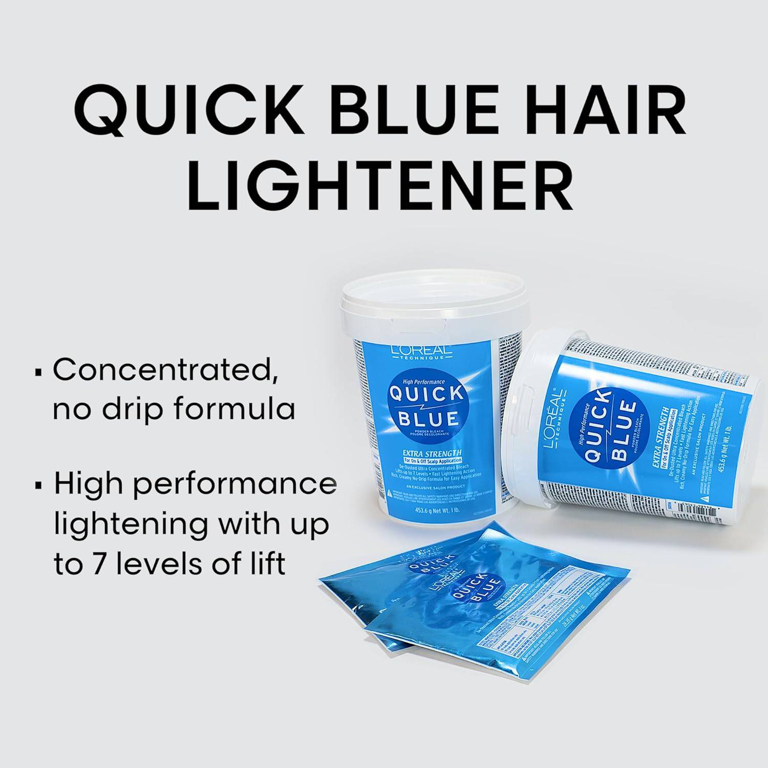 Packaging for L'Oreal Quick Blue High Performance Powder Bleach: two blue tubs and two 1 oz blue packets are displayed.