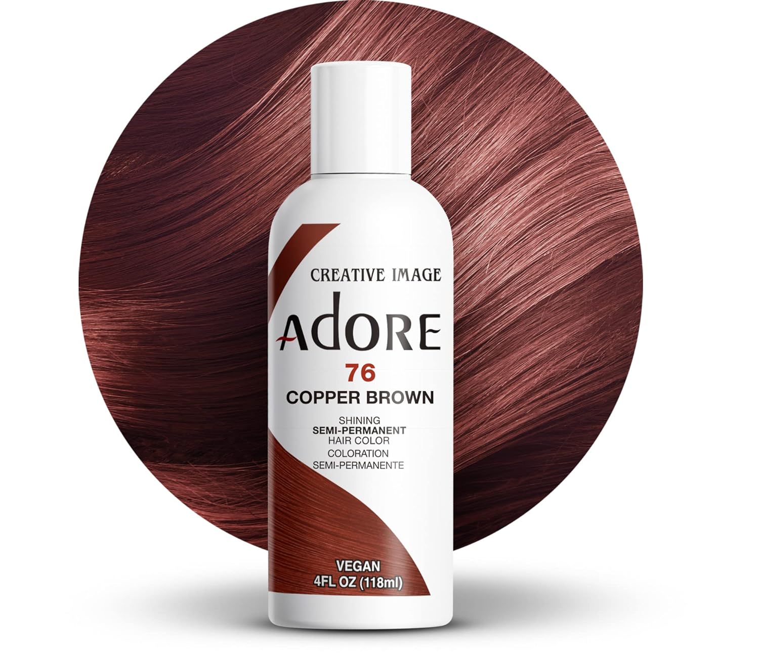 Creative Image Adore Semi-Permanent Hair Color #76 Copper Brown bottle with a swatch of wavy copper-brown hair behind it.