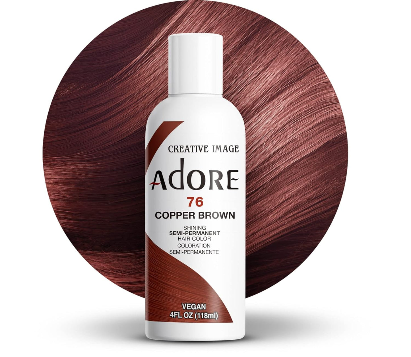 Creative Image Adore #76 Copper Brown semi-permanent hair color. White bottle against a swatch of long, straight, copper b...