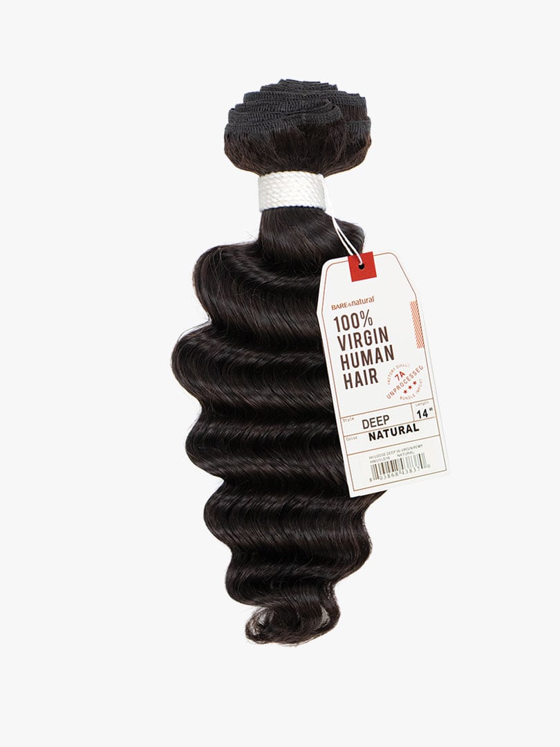 HH DEEP 16-VIRGIN HAIR (B&N) bundle of deep wavy, natural dark human hair extensions with a visible product tag.