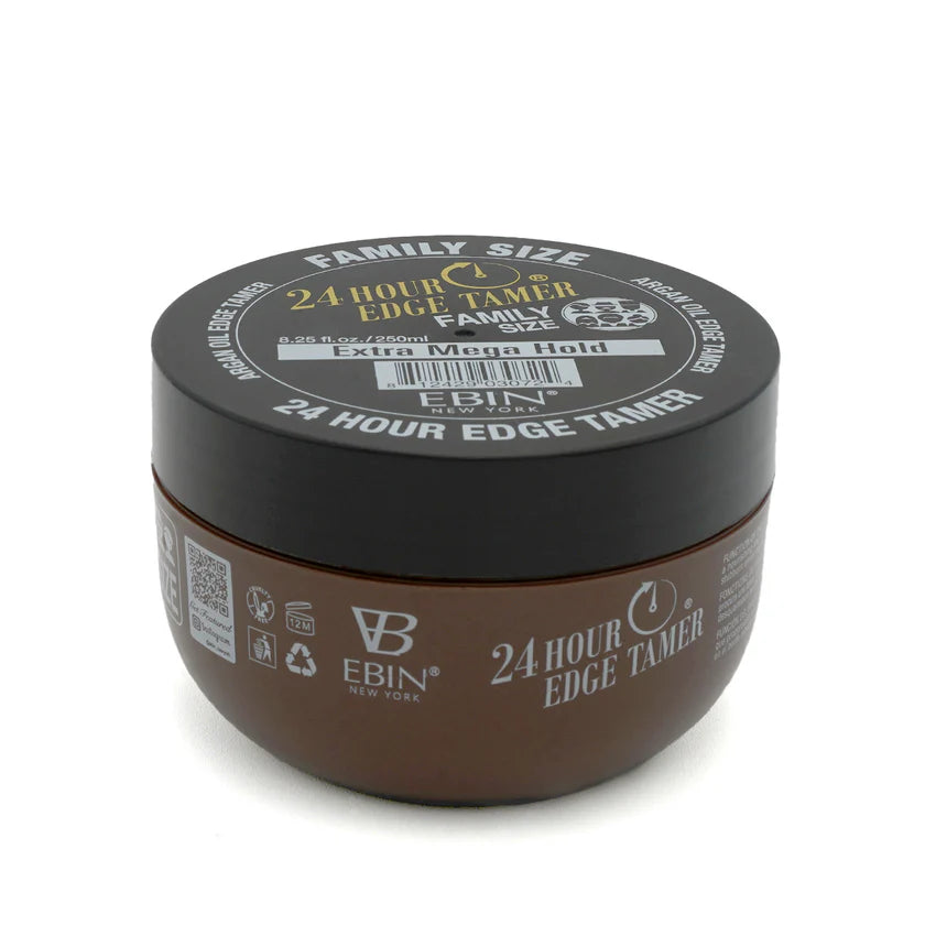 Product packaging: Brown jar of EBIN New York Extra Mega Hold 24 Hour Edge Tamer, black lid shows Family Size.