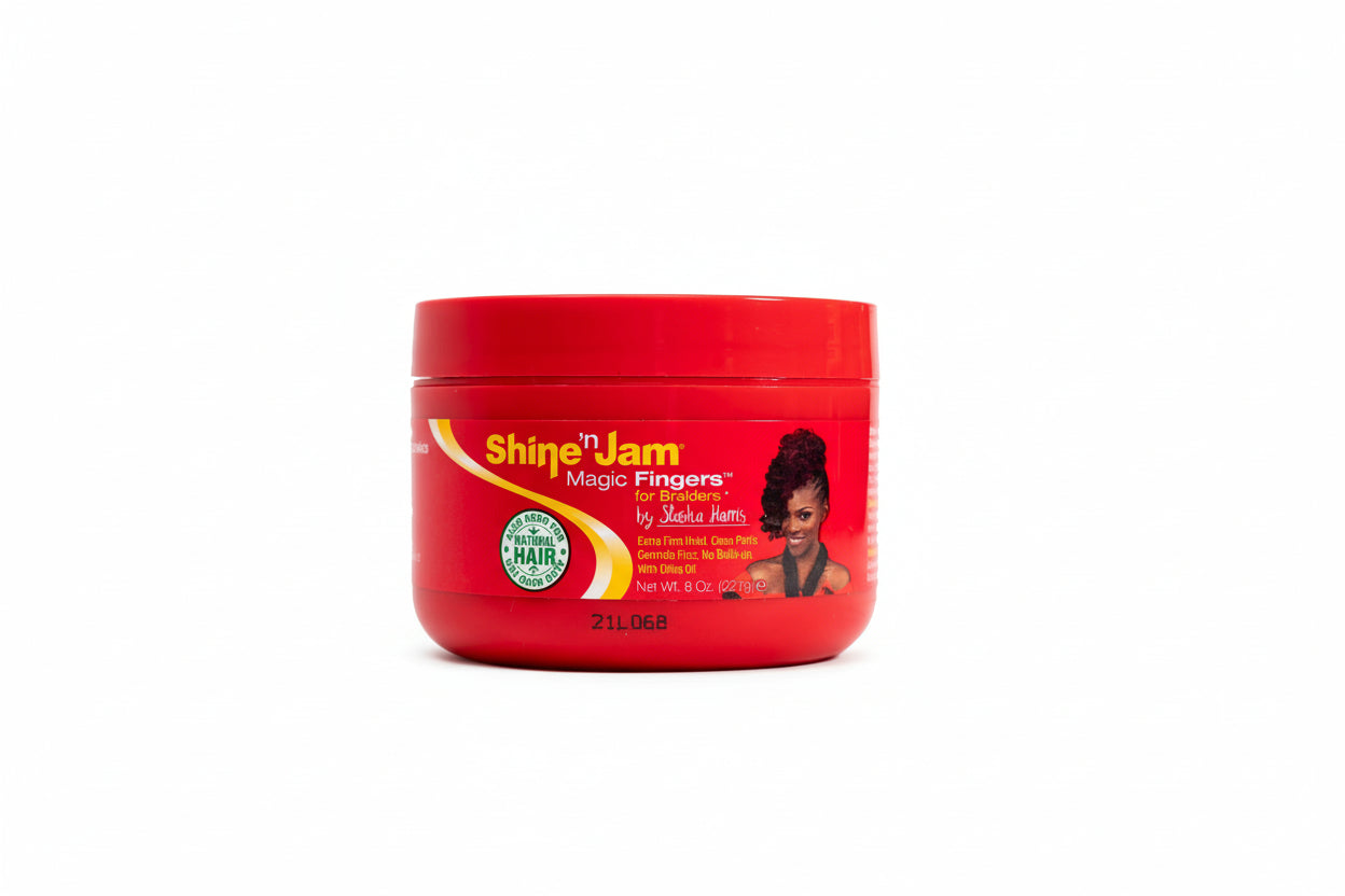 Red jar of Shine 'n Jam Magic Fingers hair product on a white background