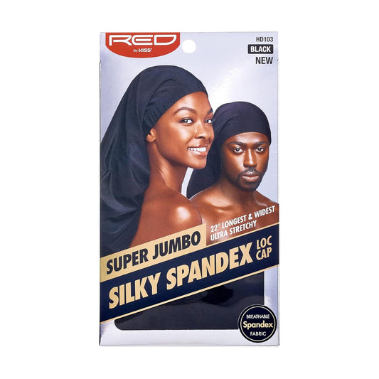 RED By Kiss Silky Spandex Loc Cap, Super Jumbo, Black packaging shows a woman with a long cap and a man with a shorter one.