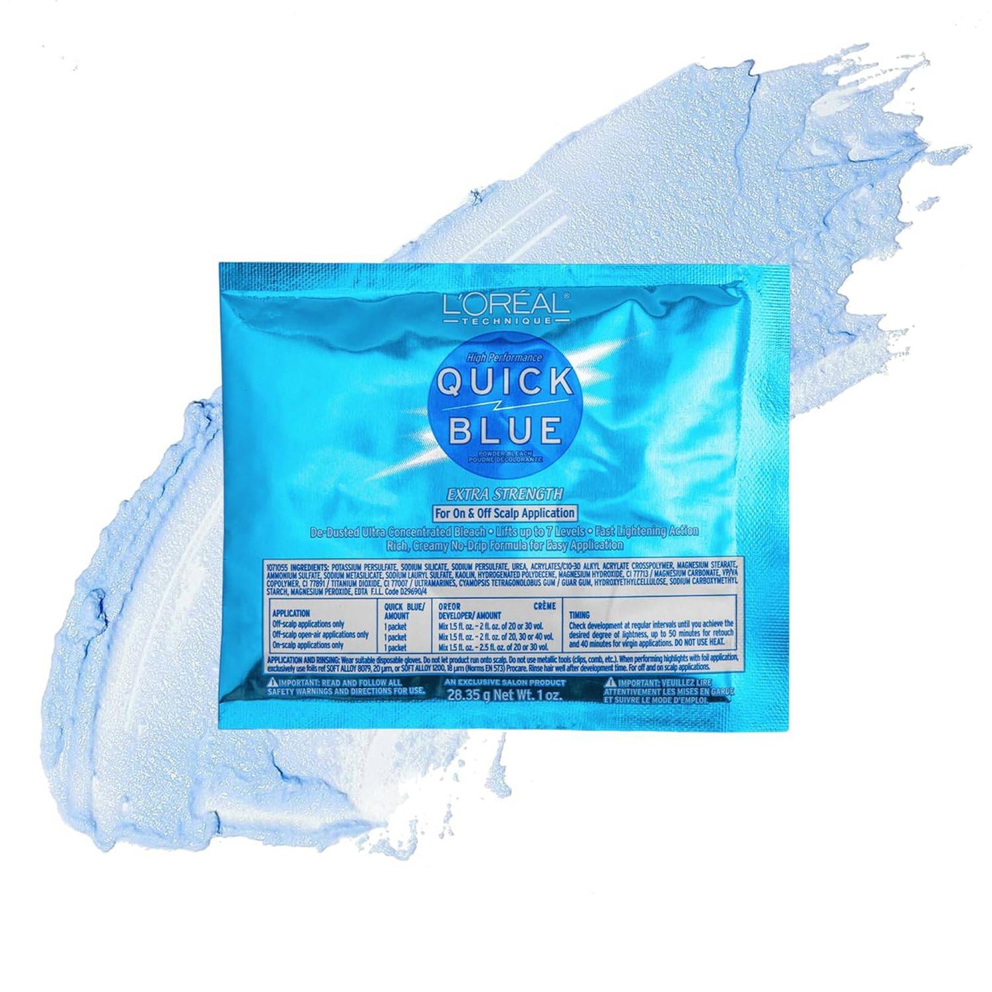 Blue product packaging for L'Oreal Quick Blue High Performance Powder Bleach 1 oz, extra strength, on white with blue powder.