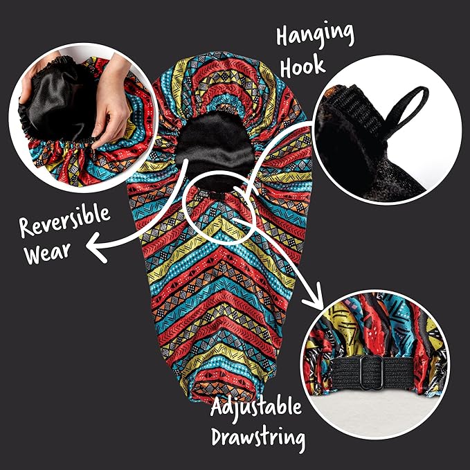 RED By Kiss Aztec Ultra Silky Satin Bonnet, highlighting its reversible colorful pattern, black lining, adjustable drawstr...