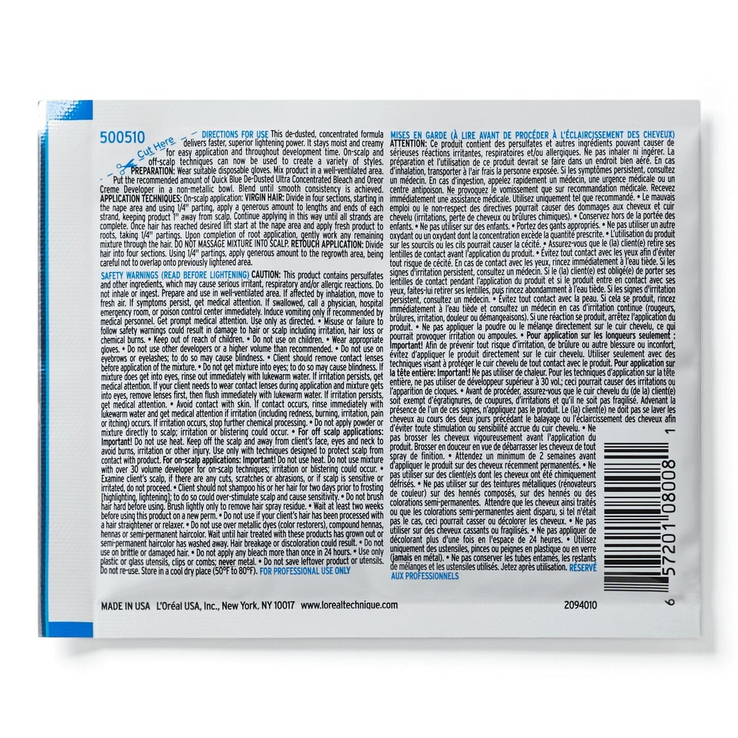 Back of L'Oreal Quick Blue High Performance Powder Bleach packet with detailed instructions and barcode.