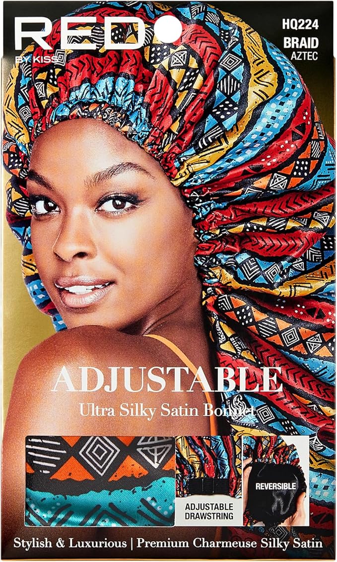 RED By Kiss Adjustable Ultra Silky Satin Bonnet Aztec packaging featuring a woman wearing the vibrant, patterned bonnet.