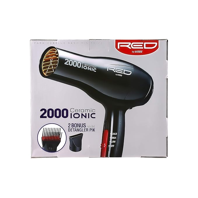 RED by Kiss Hair Dryer Ionic Hair Blow Dryer - Ceramic Technology, Anti-Frizz, 3 Heat Settings, Lightweight, 2 Detangler Piks