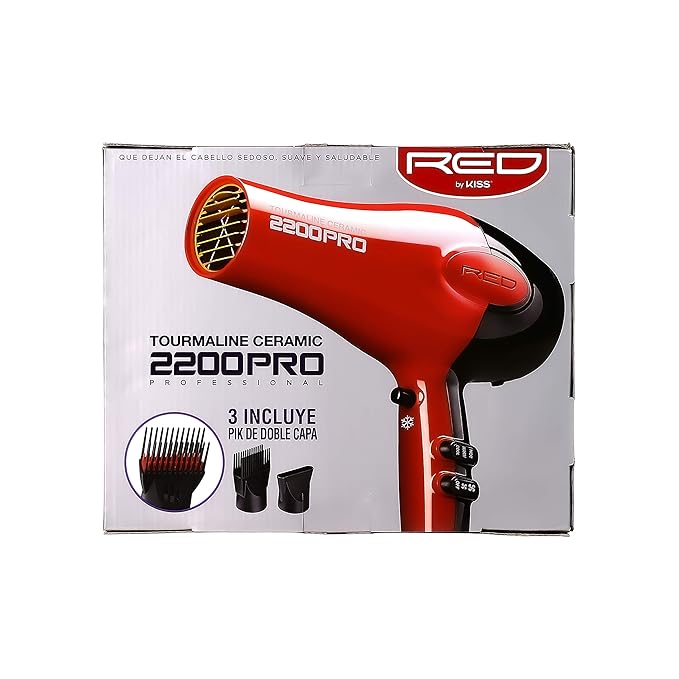 RED by Kiss Tourmaline Ceramic 2200W PRO - Professional Hair Dryer with Extra Combs, Frizz-Free Hair, Six Heat Settings Blow Dryer
