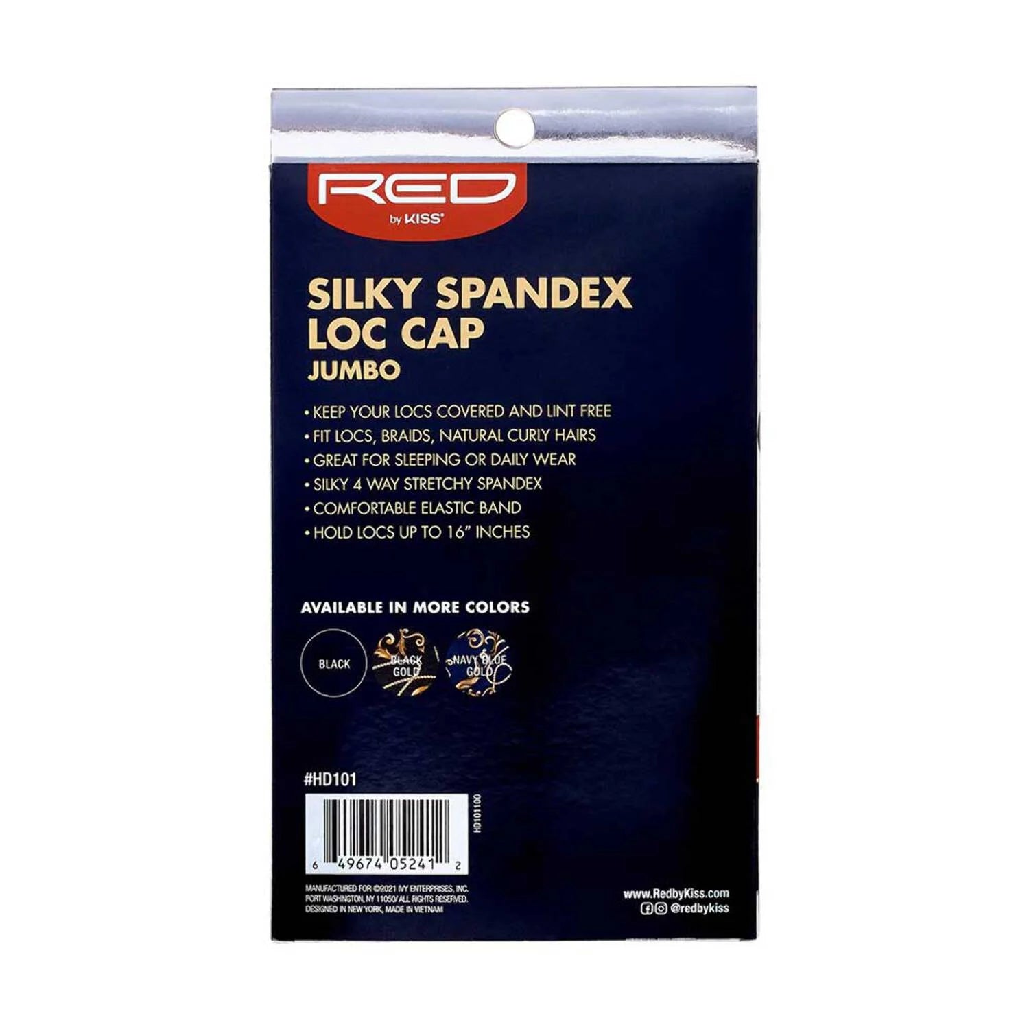 RED By Kiss Silky Spandex Loc Cap Jumbo Black packaging, dark blue with product details, features, and small color swatches.