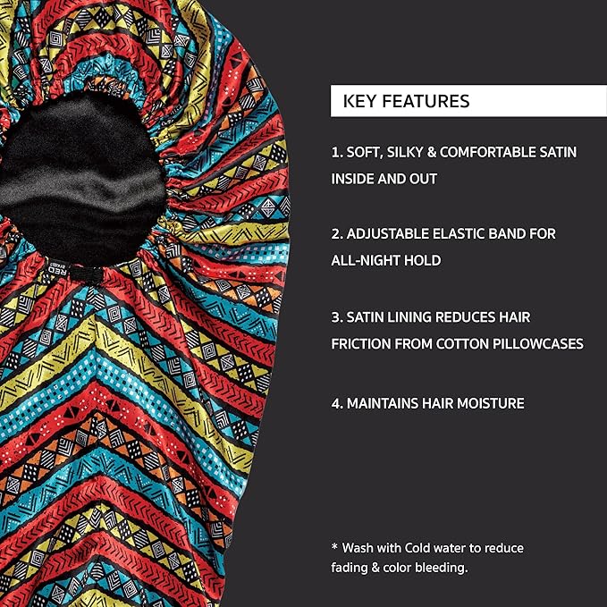 RED By Kiss Adjustable Ultra Silky Satin Bonnet with vibrant red, yellow, blue Aztec pattern and black satin interior.