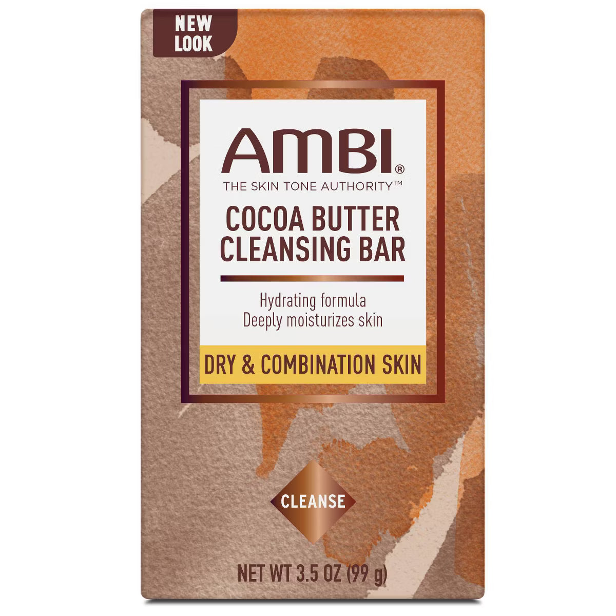 Packaging for AMBI Skincare Cocoa Butter Cleansing Bar. Features a brown and tan design with a white text panel.