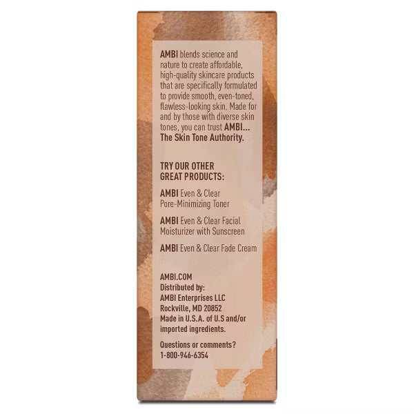 AMBI Skincare Cocoa Butter Cleansing Bar Soap packaging with brand details and company info on a brown abstract pattern.