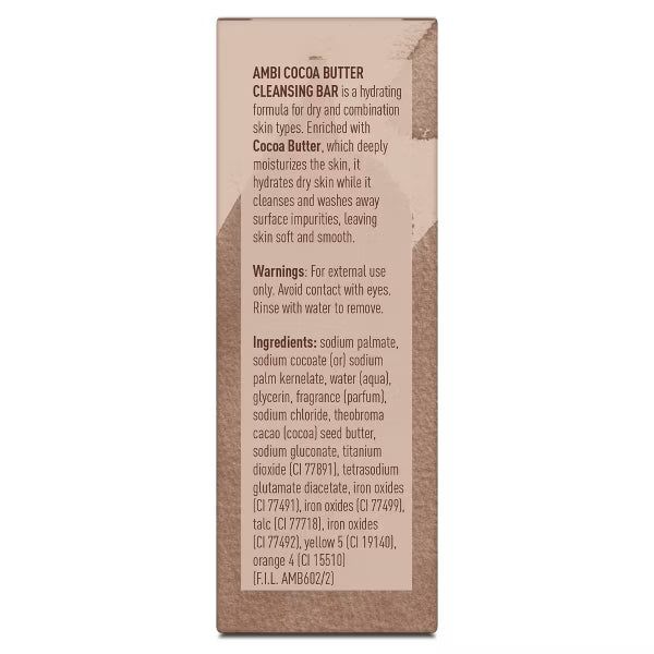 Side of AMBI Skincare Cocoa Butter Cleansing Bar Soap box, displaying product description, warnings, and ingredients list.