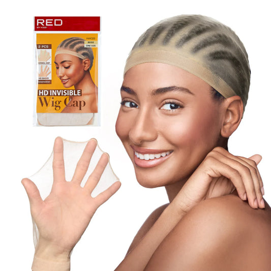 Smiling woman wears a beige Red by Kiss HD Invisible Wig Cap over braided hair, holding another sheer beige cap. Packaging...