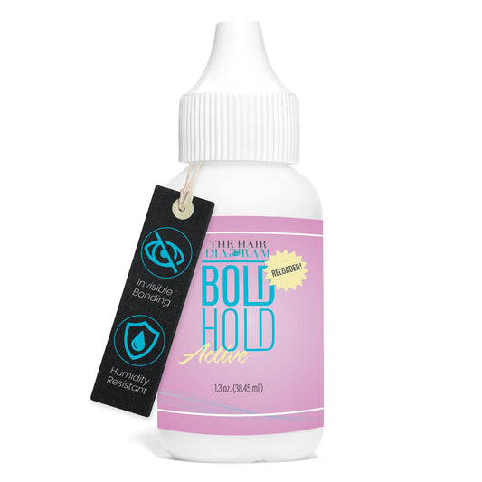 Bold Hold Active Lace Wig Adhesive Glue packaging. White bottle, pink label with product name, and black hangtag, 1.3 oz.