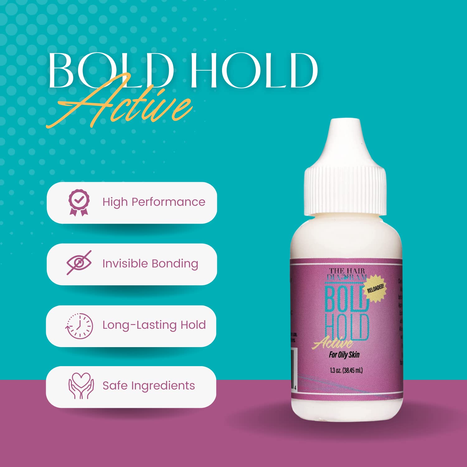 A white squeeze bottle of Bold Hold Active Lace Wig Adhesive glue, 1.3 oz, with a purple label.