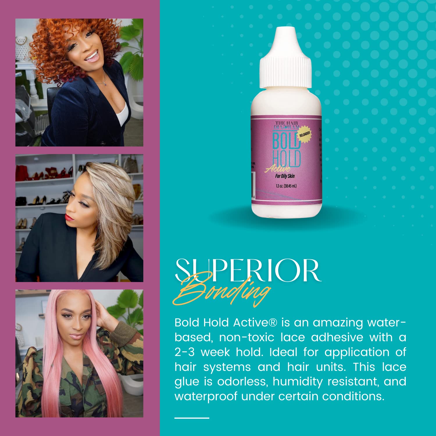 A woman with a long, straight, light pink lace wig, styled sleekly over her shoulders, demonstrating Bold Hold Active Glue.