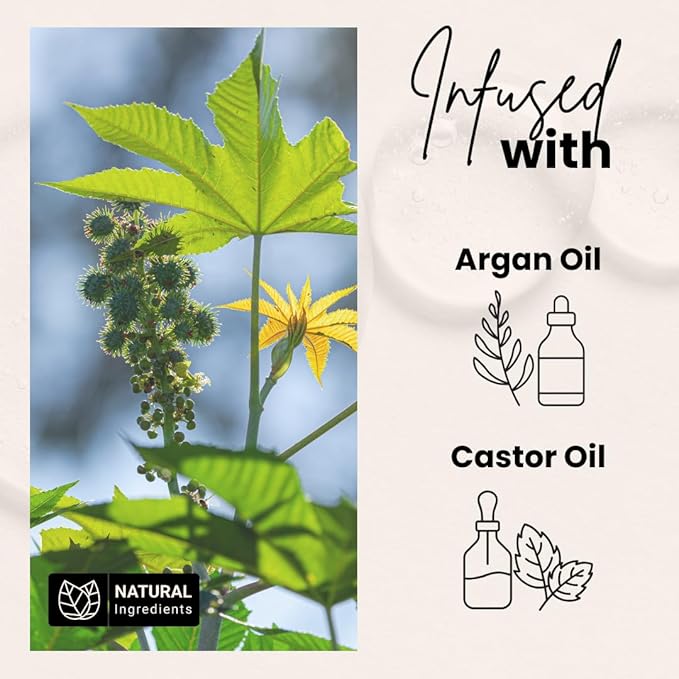 Bask & Lather Edge Control ingredients shown: Castor plant with spiky pods, text 'Infused with Argan Oil, Castor Oil'.