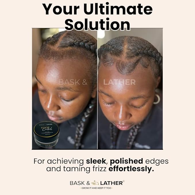 Before/after of a person's dark braided hair. Frizzy edges are smoothed into sleek, wavy baby hairs with Bask & Lather Edg...