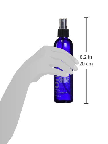 Product packaging: Bonfi Natural Oil Free Wig Shine blue spray bottle, held by a grey graphic hand. Height 8.2 inches.